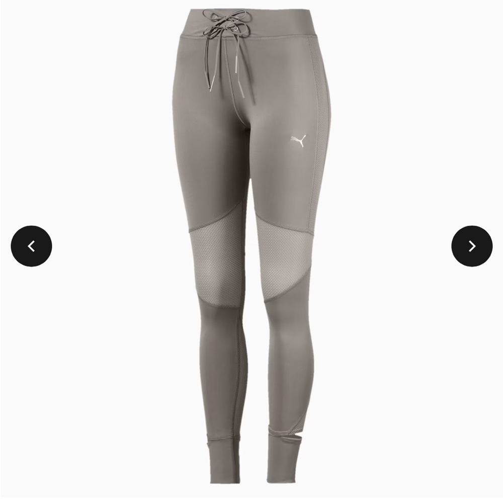 PUMA En Pointe Gray Athletic Leggings Pants Rock Ridge Waistband Mesh Cutouts
